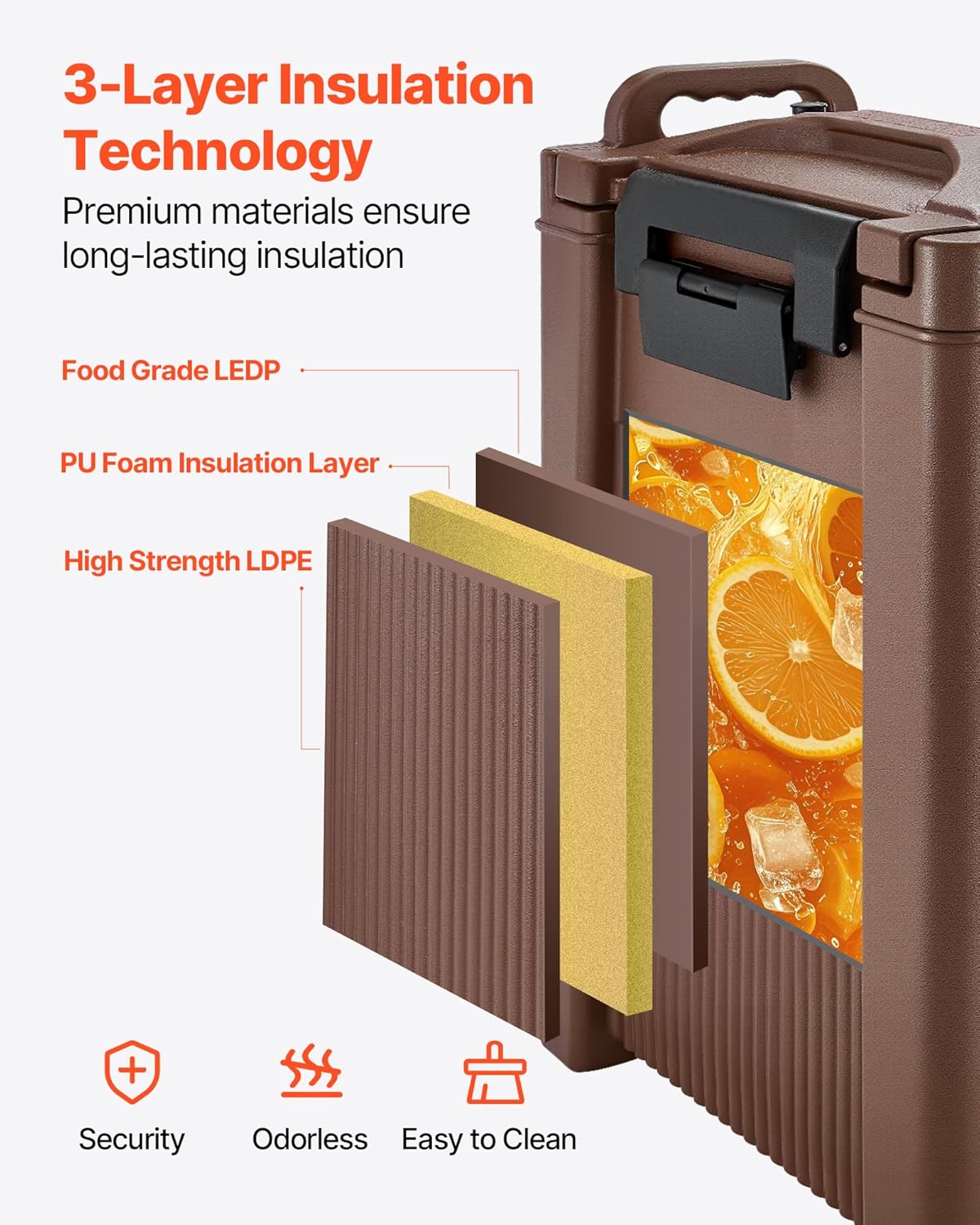 VEVOR Geïsoleerde drankdispenser, 19 l, warme en koude drankdispenser met tapkraan en handvat, voedselveilige thermische drankdispenser, koeler voor thee, koffie, water in cafés en restaurants, bruin