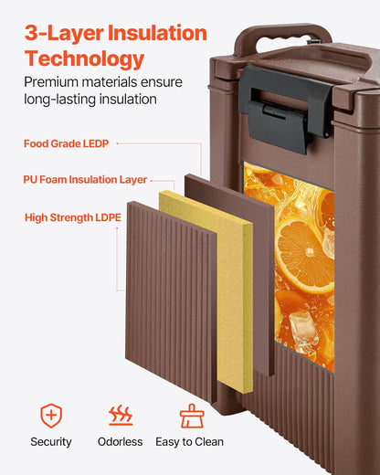 VEVOR Geïsoleerde drankdispenser, 19 l, warme en koude drankdispenser met tapkraan en handvat, voedselveilige thermische drankdispenser, koeler voor thee, koffie, water in cafés en restaurants, bruin