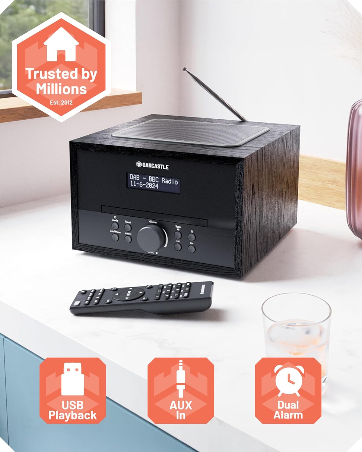DAB+ Bluetooth radio en cd-speler, 40 W netvoeding hifi-systeem voor thuis, geïntegreerde luidsprekers, led-display, dubbel alarm, 20 voorinstellingen en FM, USB, MP3, AUX, afstandsbediening