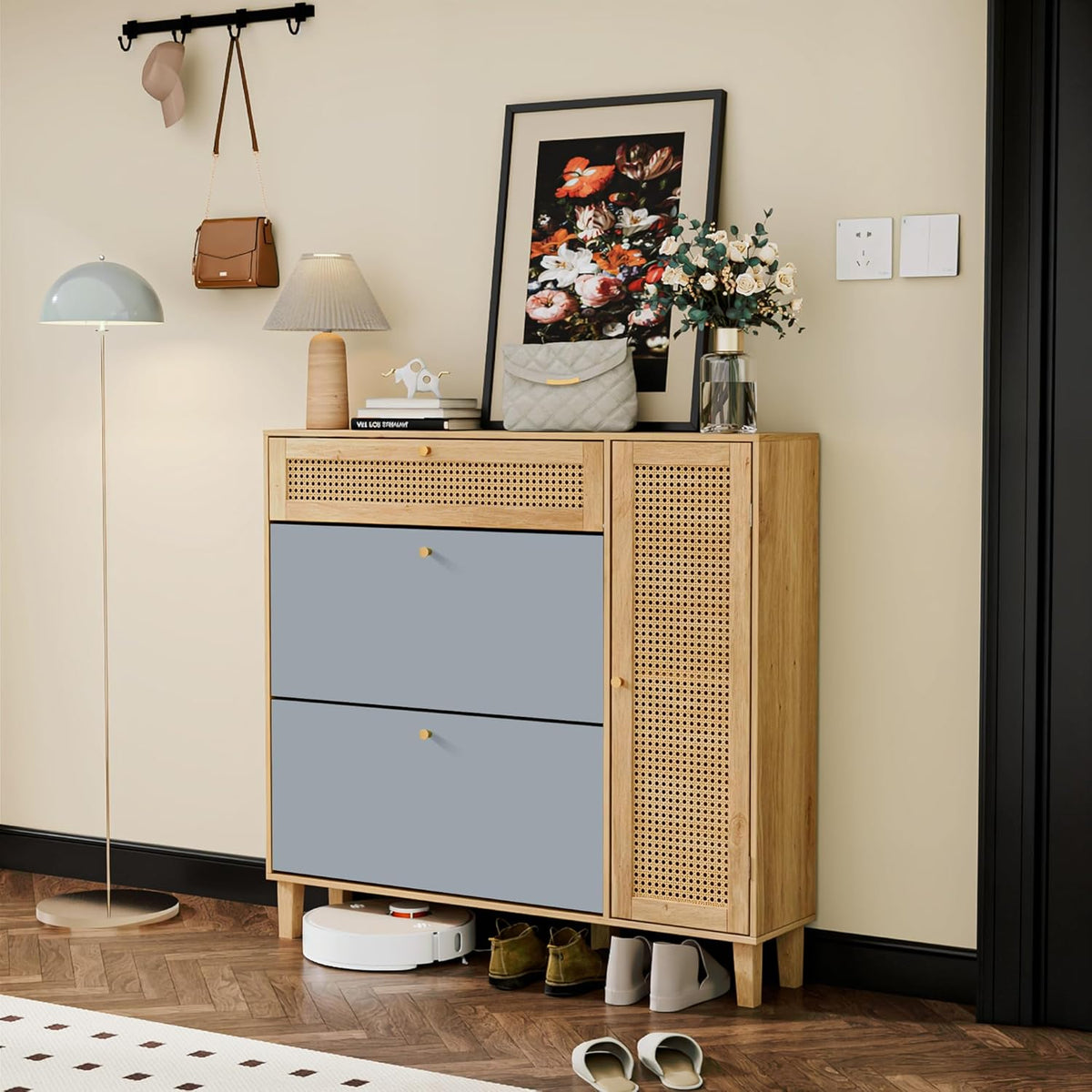 Schoenenkast – Schoenenrek – Entrekast – Schoenopberger – Schoenmeubel – Compact Ontwerp – Verstelbaar Binnenrek – Grijs en Naturel