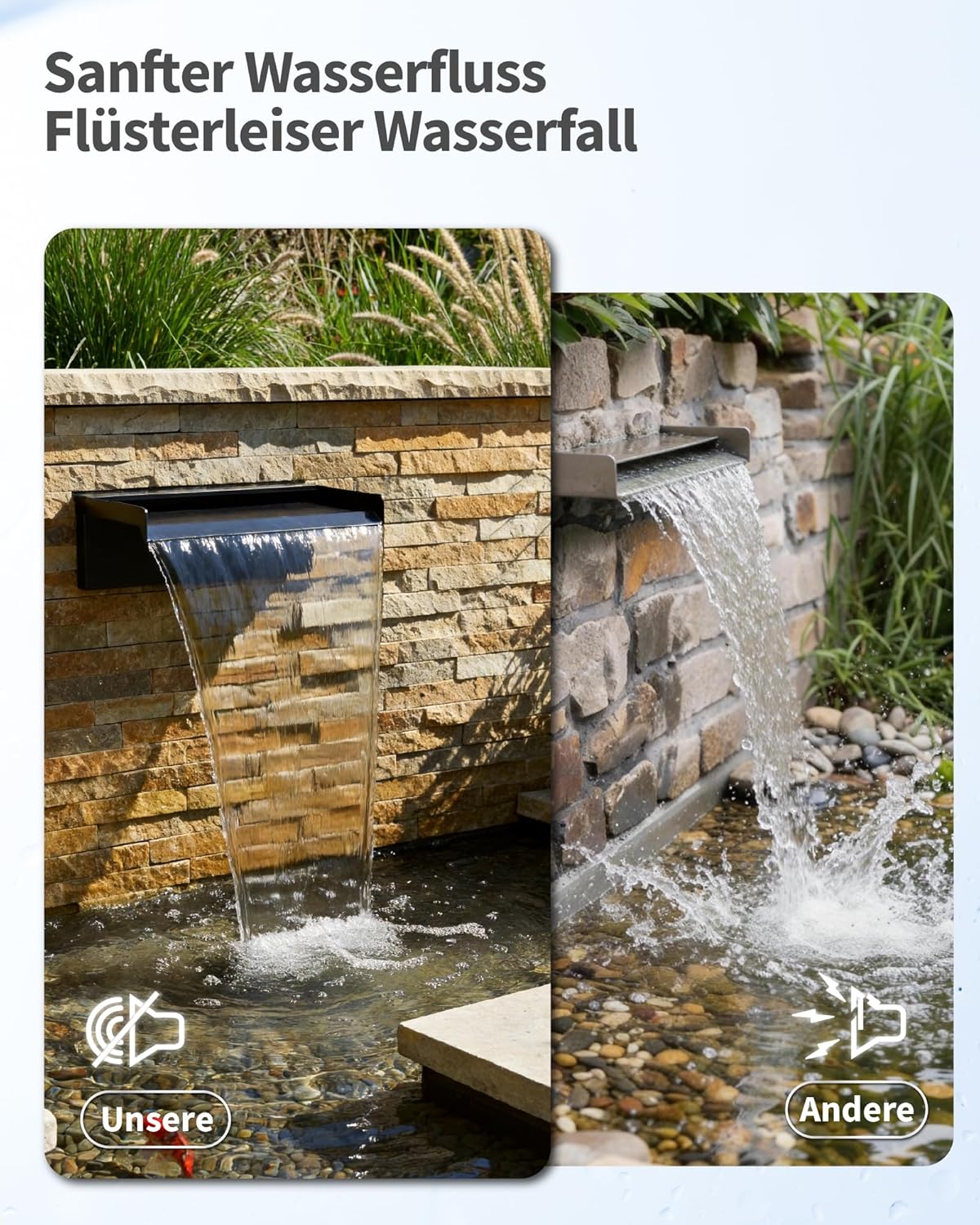 POPOSOAP 20 cm brede vijverwaterval, roestvrijstalen watervalbox met 2500 l/u vijverpomp, op afstand bestuurde kleurwisselende led-lichtketting, buiten-waterspel voor tuinvijver