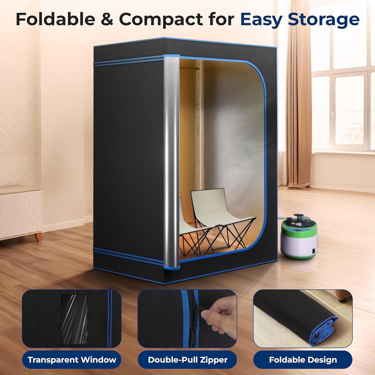 SereneLife Draagbare Sauna –Thuissauna Spa- 2-Persoons Stoomsauna Tent met 4L Stomer- 2 Opvouwbare Sauna Stoelen- Afstandsbediening-180 x 120 cm - Zwart