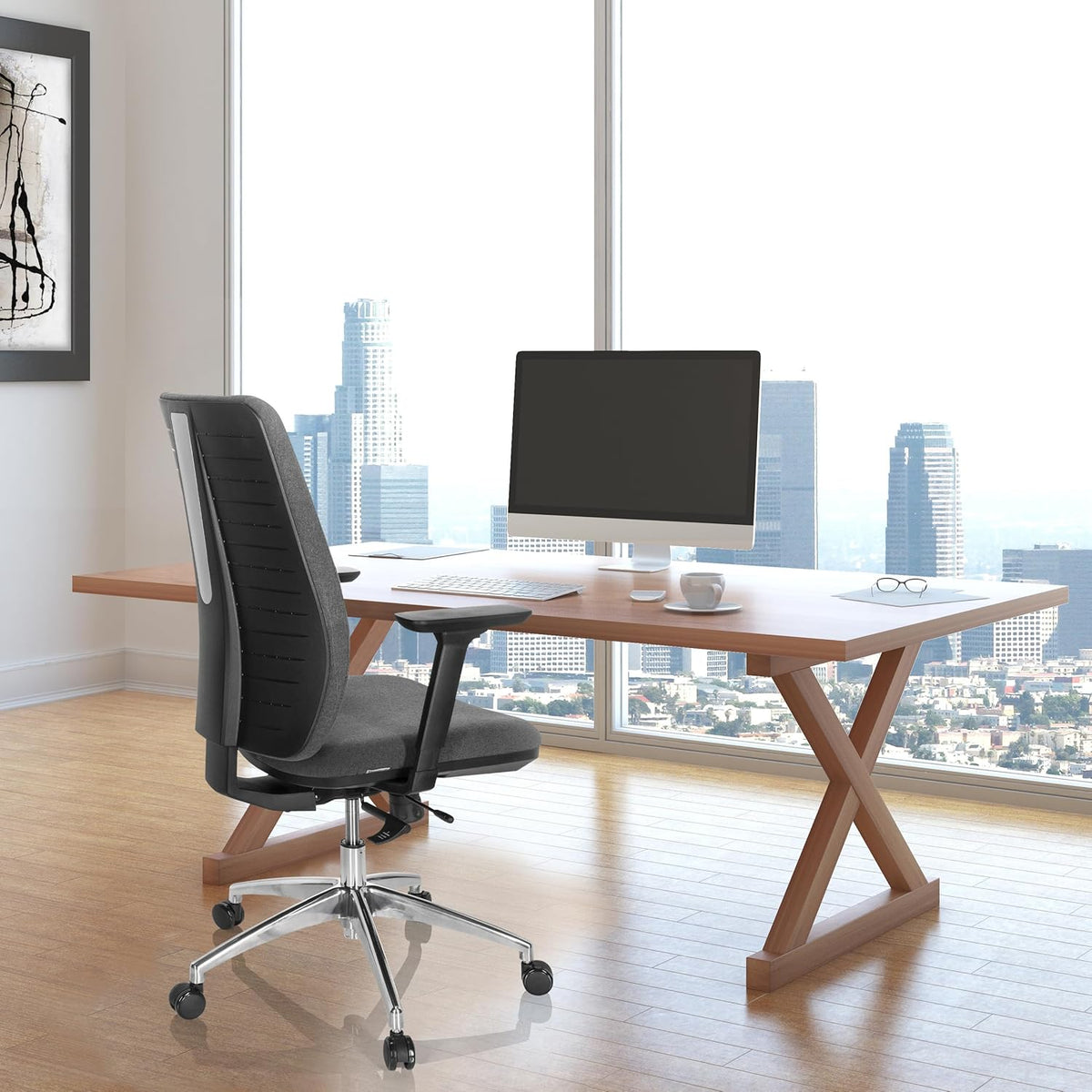 hjh OFFICE Integrio 820026 Professionele bureaustoel van stof, donkergrijs, ergonomisch, rugleuning in hoogte verstelbaar, bekleed, 123 x 74 x 63 cm