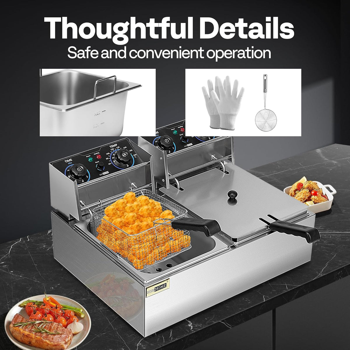VIVOHOME 20L Oliefriteuse 5000W Grote dubbele friteuse met 60-minuten timer en traploze temperatuurregeling Professioneel met 2 frituurmanden voor commercieel en thuisgebruik