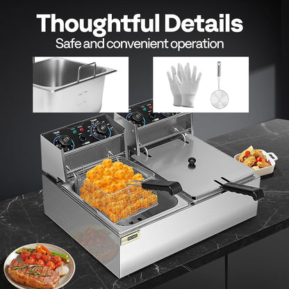 VIVOHOME 20L Oliefriteuse 5000W Grote dubbele friteuse met 60-minuten timer en traploze temperatuurregeling Professioneel met 2 frituurmanden voor commercieel en thuisgebruik