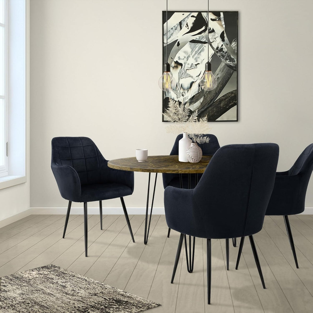 ECD Germany Set of 6 Dining Chairs with backrest and armrests Black Velvet Seat Metal Legs Kitchen chairs Living room chairs Living room chairs Upholstered chairs Armchairs Armchairs