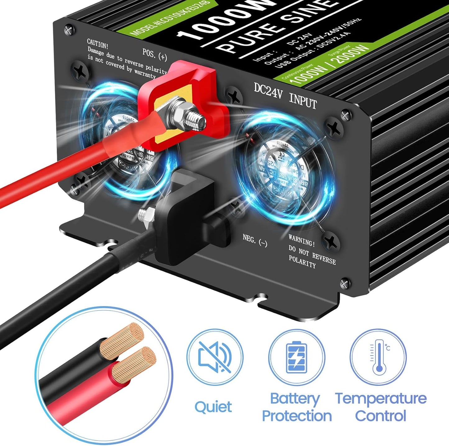 Omvormer 24V Naar 230V – Spanningsomvormer – Auto Omvormer – Inverter – Zuivere Sinus Omvormer – 1000W Continu Vermogen – 2 Stopcontacten En USB-Poort