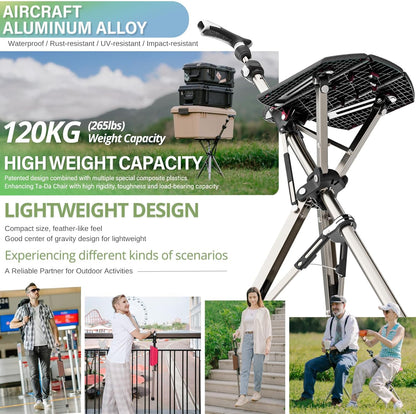 Ta-Da Chair PRO – Wandelstok met zitje, ultralicht aluminium frame, opvouwbare kruk (tot 120 kg), inklapbaar ontwerp, ideaal voor reizen en sightseeing, in hoogte verstelbaar– Bruin