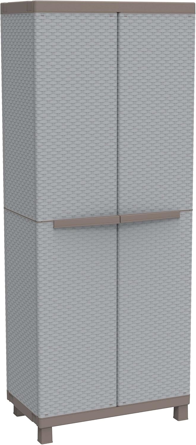 Terry, C-rattan 3680 broom cabinet with two doors in rattan look, vertical divider and 3 shelves, for indoor and outdoor use, 68 x 39 x 170 cm - QUORE