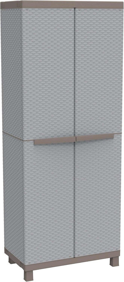Terry, C-rattan 3680 broom cabinet with two doors in rattan look, vertical divider and 3 shelves, for indoor and outdoor use, 68 x 39 x 170 cm - QUORE