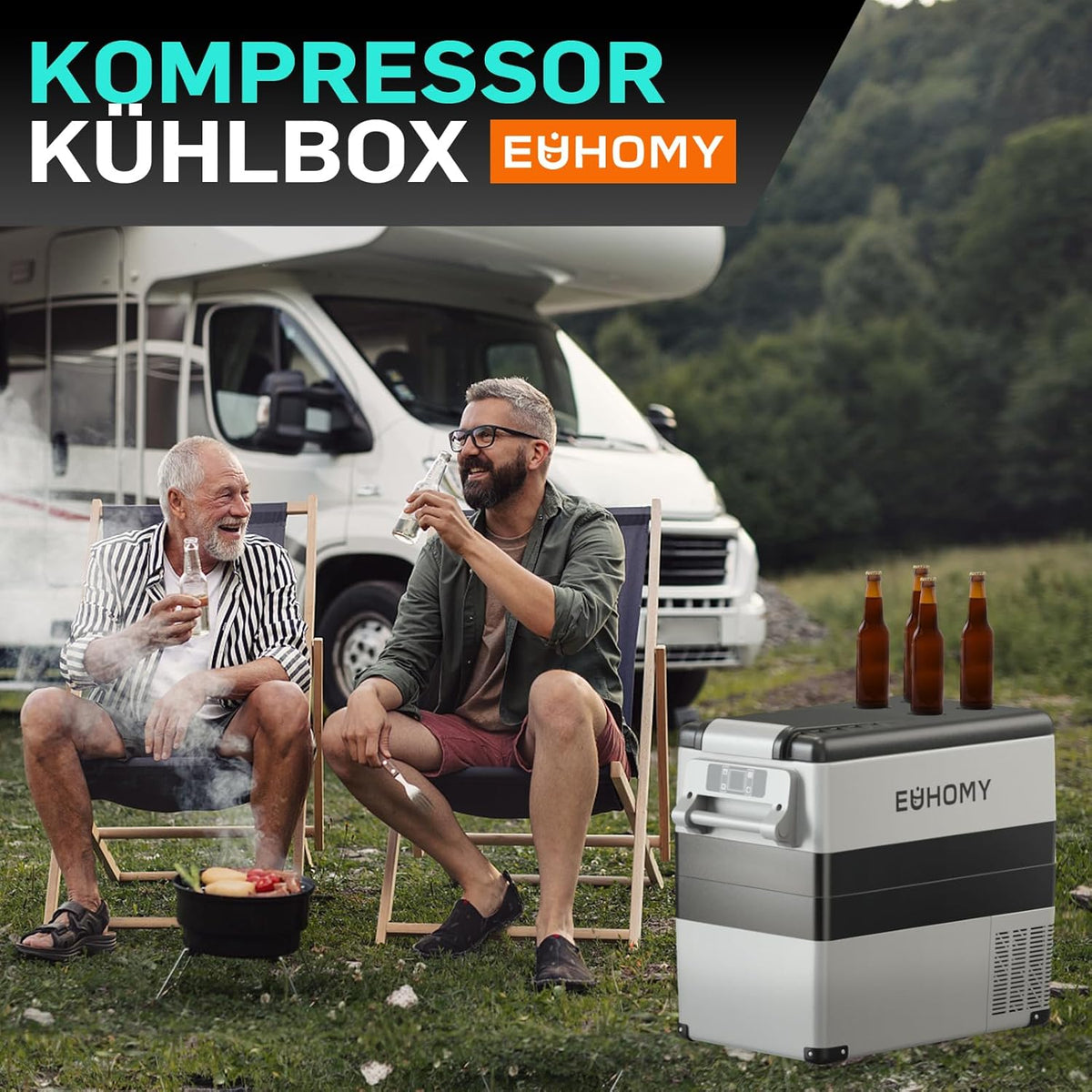 EUHOMY Compressor-koelbox, 55 liter, autocompressor met 12/24 V DC en 240 V AC, draagbare koelkast, vriezer, koeler, voor auto, camper, camping, reizen, vissen, outdoor of thuisgebruik.