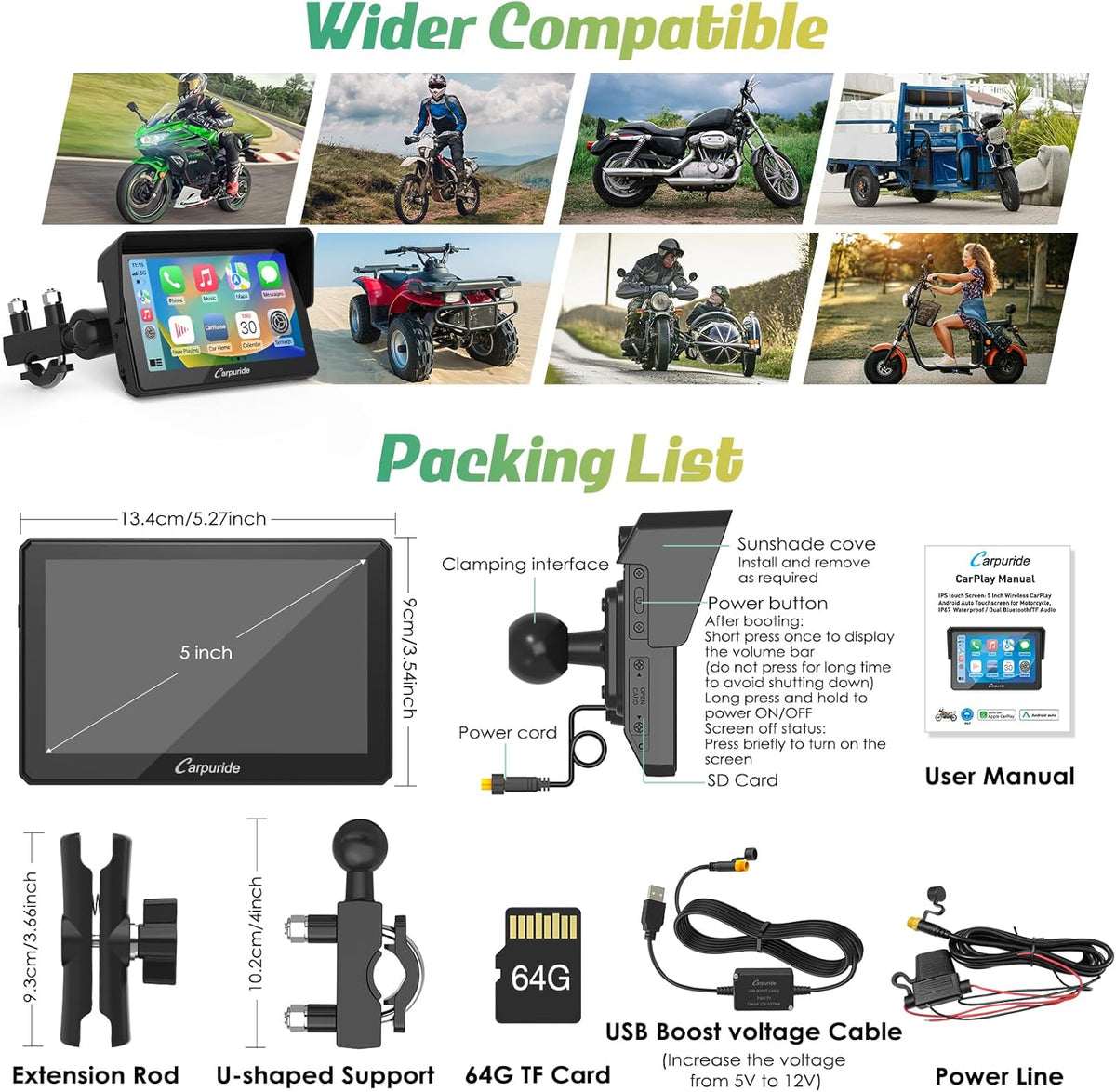 Carpuride W502 Motorfiets GPS Draadloos Draagbaar Apple Carplay & Android Auto, 5 inch IPS Waterdicht Touchscreen met Dubbele Bluetooth, TF Kaart, Navigatie/Siri/Google Assistant voor Motorfietsen