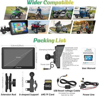 Carpuride W502 Motorfiets GPS Draadloos Draagbaar Apple Carplay & Android Auto, 5 inch IPS Waterdicht Touchscreen met Dubbele Bluetooth, TF Kaart, Navigatie/Siri/Google Assistant voor Motorfietsen