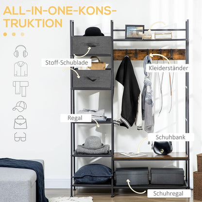 HOMCOM Coat Rack Coat Rack with Sofa, Clothes Rack with Adjustable Hooks, Fabric Drawers, 185.5 cm High, Coat Rack for Hallway, Bedroom, Rustic Brown+Grey - QUORE