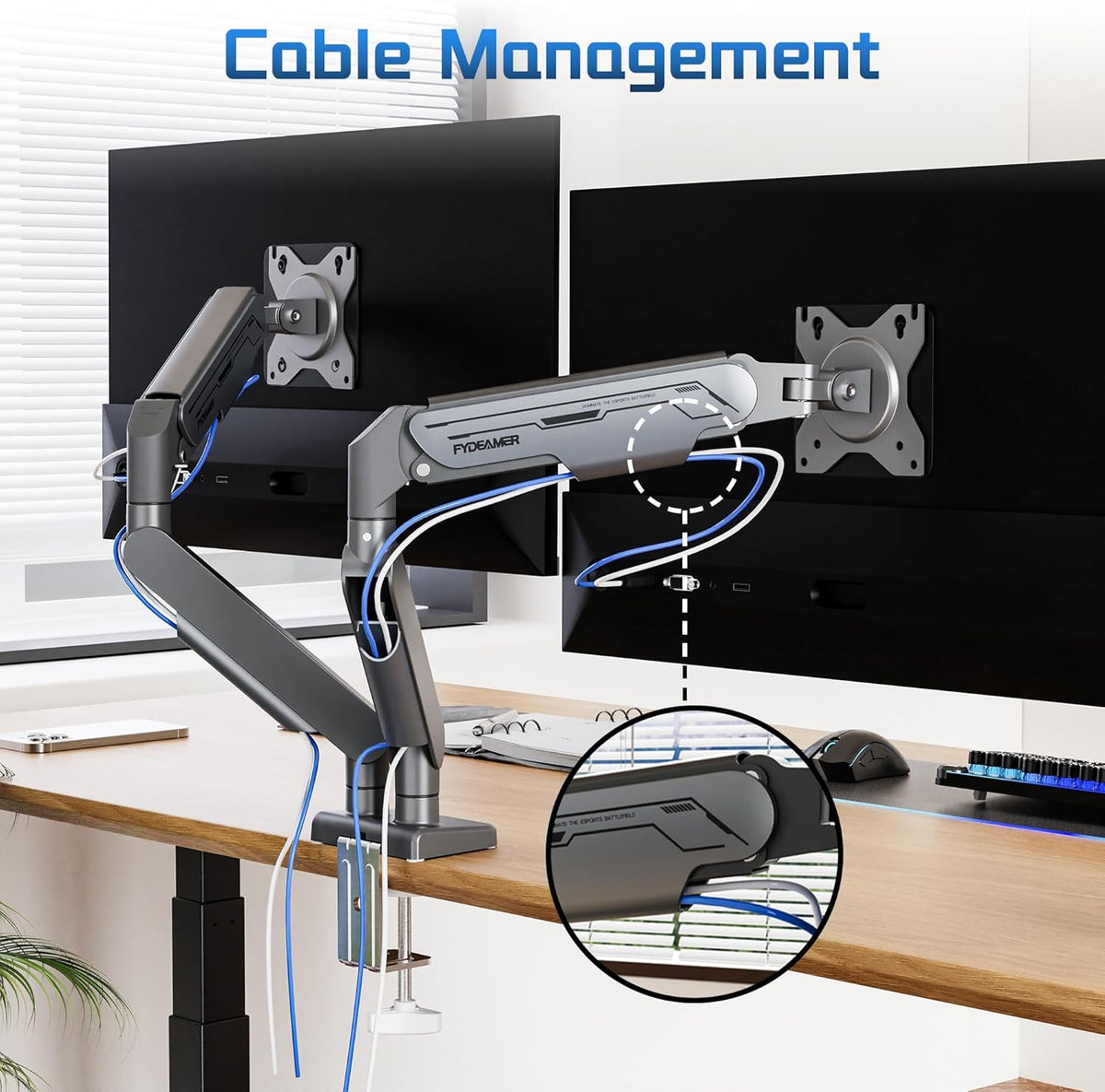 Fydeamer Dubbele monitorarm, zware gasveerbevestiging voor schermen van 17-32 inch tot 9 kg, volledig beweegbare bureausteun met VESA 75 x 75/100 x 100 mm compatibiliteit, donkergrijs