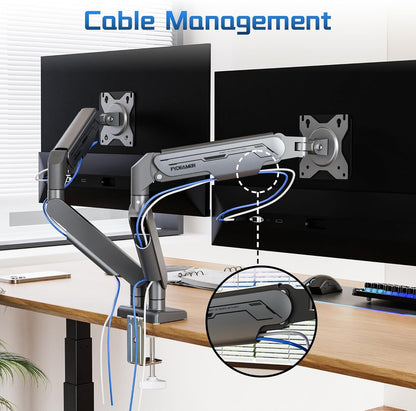 Fydeamer Dubbele monitorarm, zware gasveerbevestiging voor schermen van 17-32 inch tot 9 kg, volledig beweegbare bureausteun met VESA 75 x 75/100 x 100 mm compatibiliteit, donkergrijs