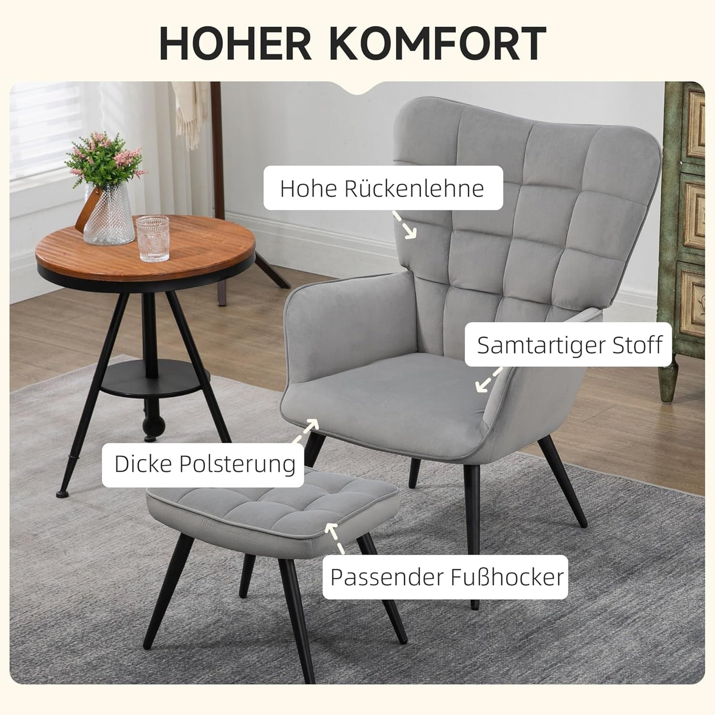 HOMCOM Armchair with footstool, lounge chair, lounge chair, upholstered chair with velvety look, TV chair, dining chair up to 120 kg for living room, light grey. - QUORE