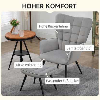 HOMCOM Armchair with footstool, lounge chair, lounge chair, upholstered chair with velvety look, TV chair, dining chair up to 120 kg for living room, light grey. - QUORE