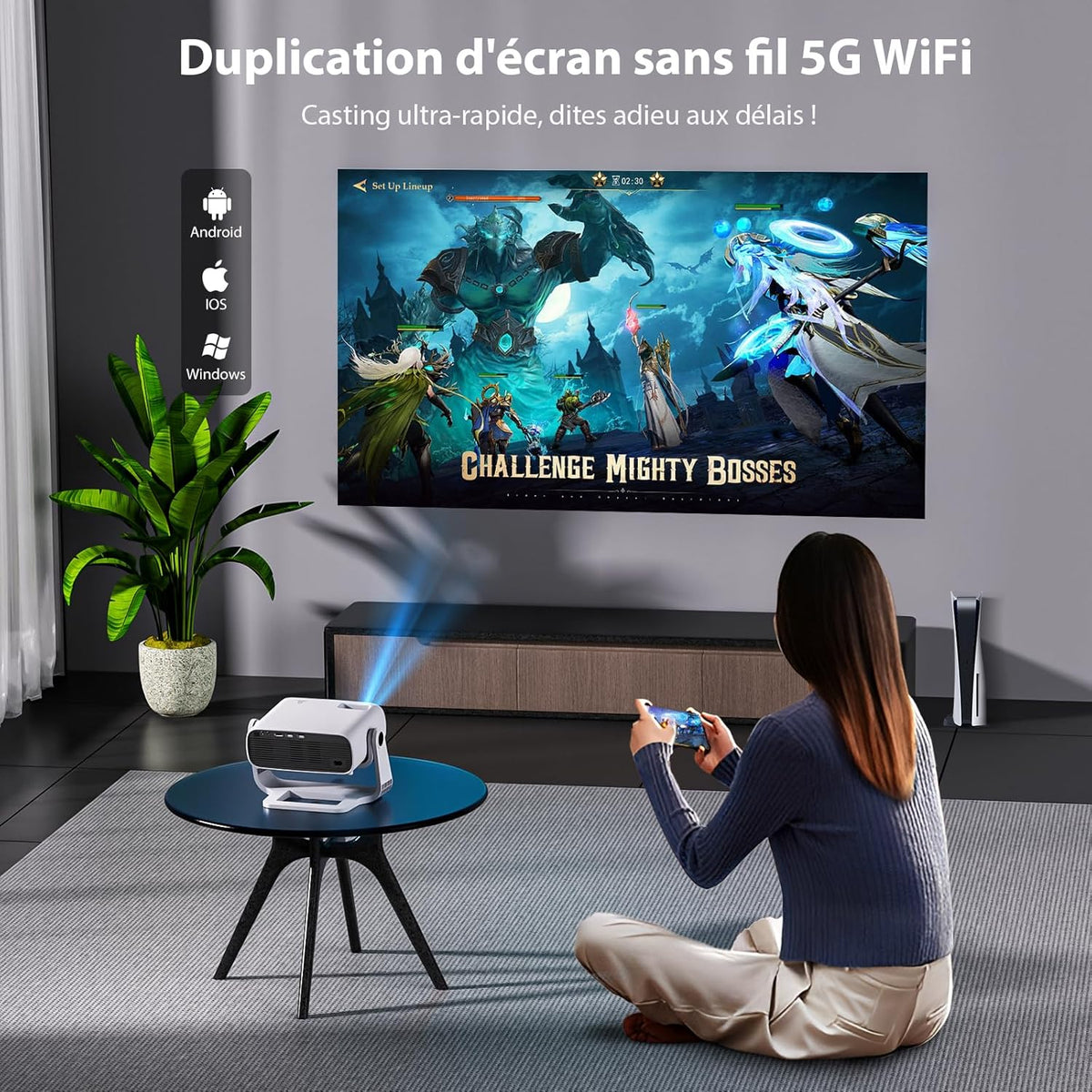 Beamer 2025 met geïntegreerde app – draagbare projector full hd 1080p 650ANSI, retroprojector ondersteunt 4K WiFi Bluetooth, trapeziumcorrectie auto en 4P, compatibel met iOS Android HDMI
