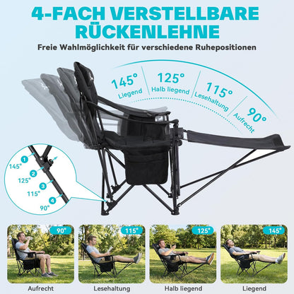 Opvouwbare campingstoel, 2-in-1, strandstoel met 4-voudig verstelbare rugleuning, campingstoel met voetensteun, met koeltas, bekerhouder voor camping, strand, festival, tuin, balkon
