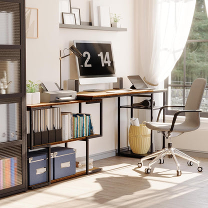 Mondeer L-vormig computerbureau, hoekbureau, 360° draaibare planken en verstelbare opbergplanken, ruimtebesparend voor thuiskantoor, studio-werkstation, rustiek bruin en zwart