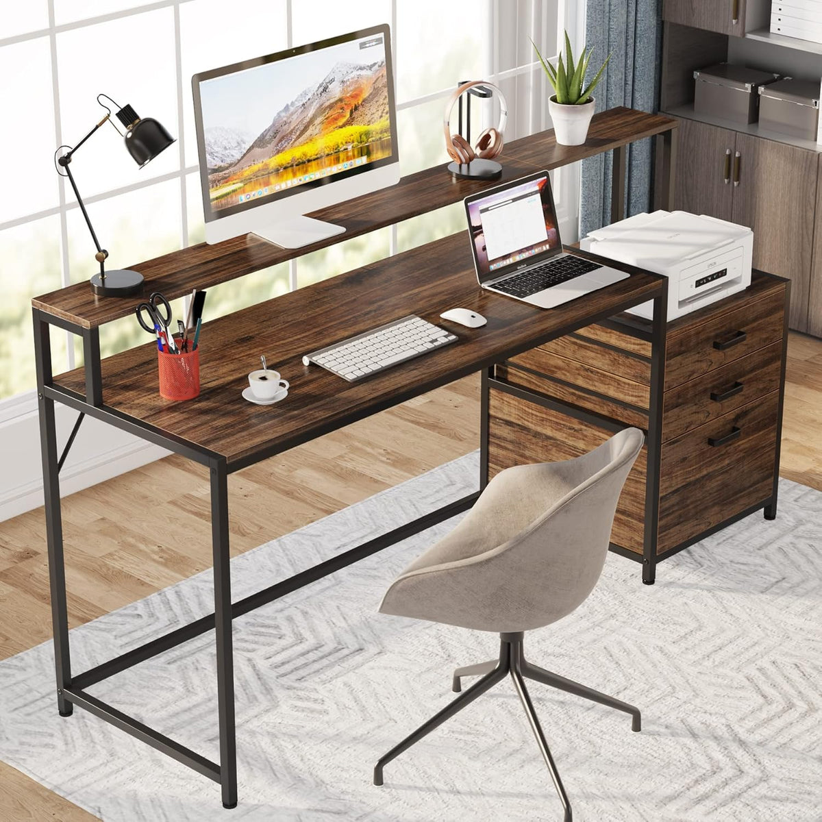 Tribesigns Desk with drawers, ergonomic computer table, 160 x 50 x 90 cm, monitor stand and printer space