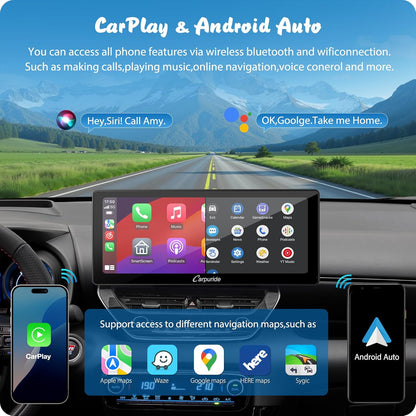 Carpuride W103 Pro met draadloze Bluetooth-overdracht, draagbaar Carplay en Android Auto-autoradio, 10,3 inch 1080P-touchscreen, Mirror Link/GPS/Siri/FM, met 3 houders