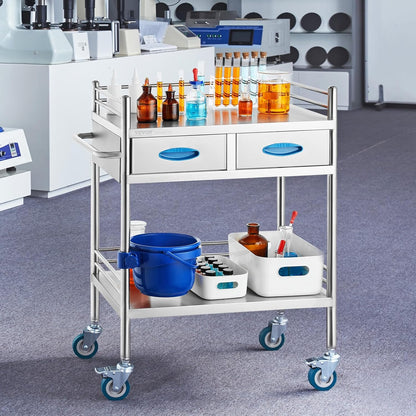 VEVOR Medische trolley met 2 lagen en 2 laden, 59,9 x 42,9 x 85,1 cm, laboratoriumwagen van roestvrij staal, metalen wagen met 4 omnidirectionele wielen voor klinieken, spa en hotels