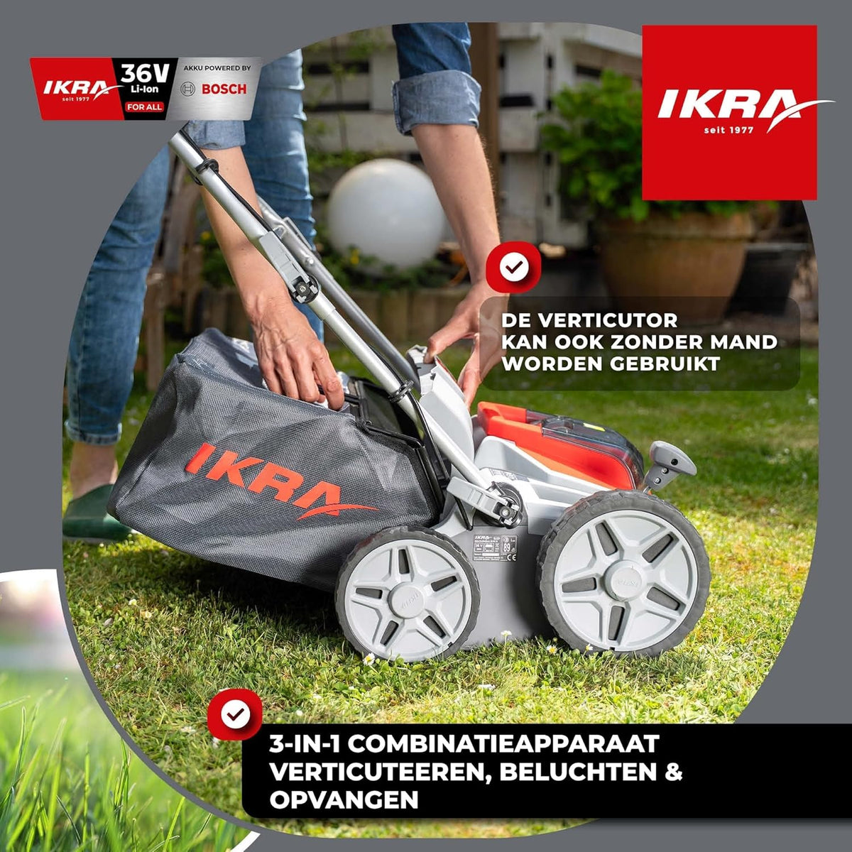 IKRA 36V accu 3in1 verticuteermachine gazonbeluchter IB-SR 36, 45l grasvanger, werkbreedte 36cm, compatibel met Bosch - QUORE