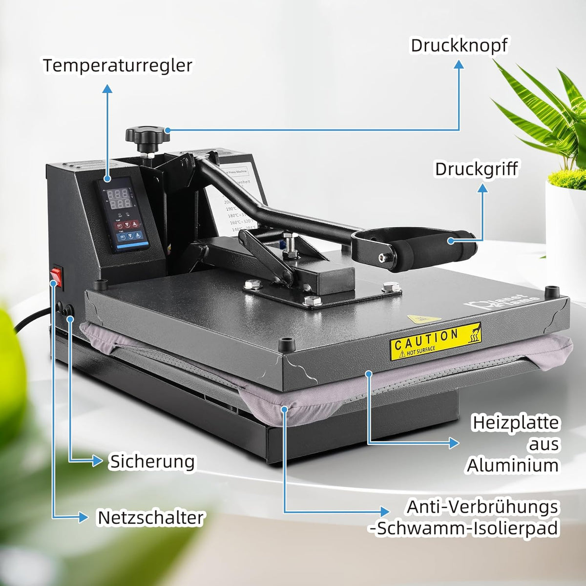 Professionele sublimatiemachine – Hittepers – Sublimatiepers – Thermopers – Transferpers – Voor Hoeden, T-Shirts En Hout – 38 x 38 cm – 1600 W
