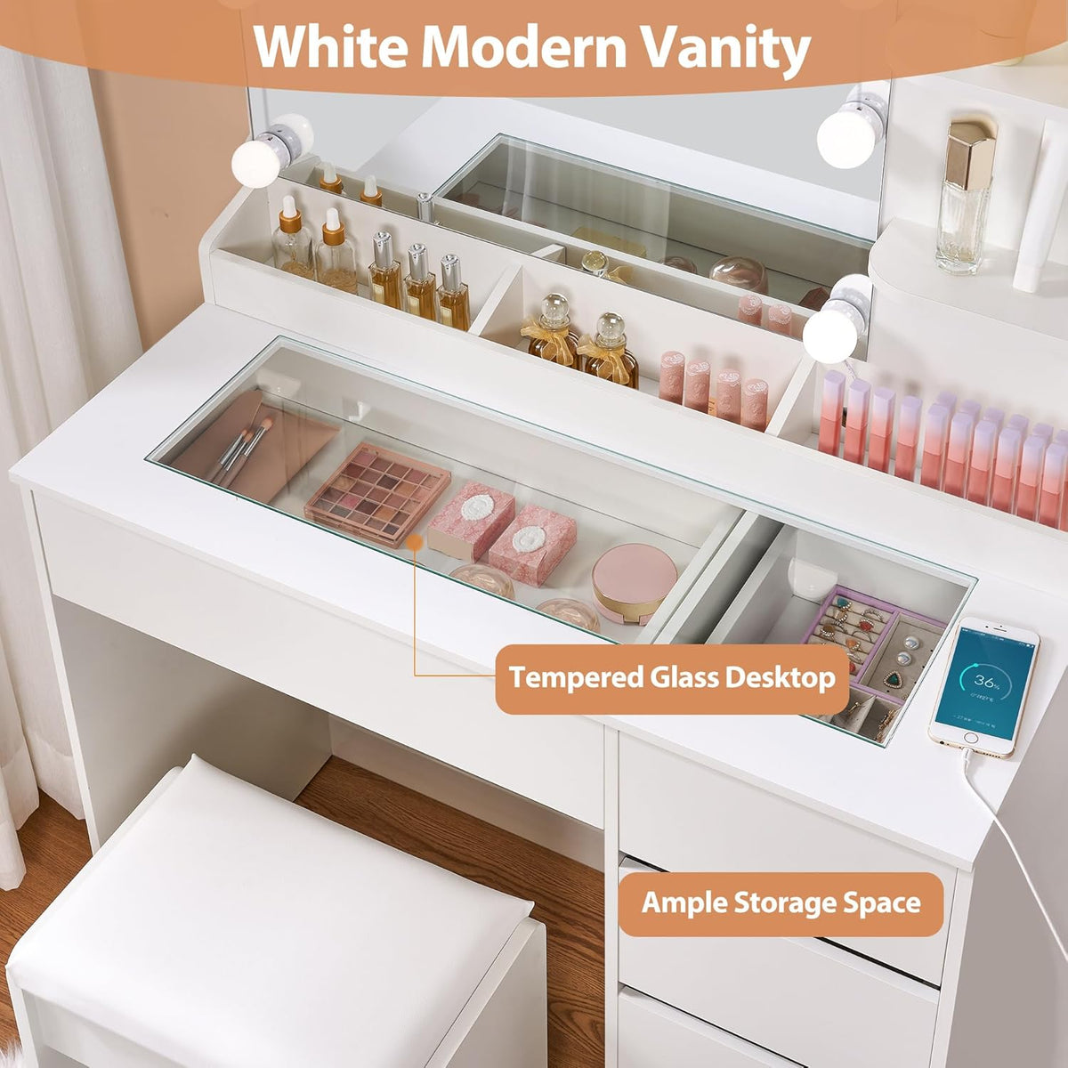 ANWBROAD Makeup Table with LED Lighting and Stool, Dressing Table with Sockets and Large Mirror, Dressing Table with 5 Drawers, Open Shelves, Modern, White BDT74W - QUORE