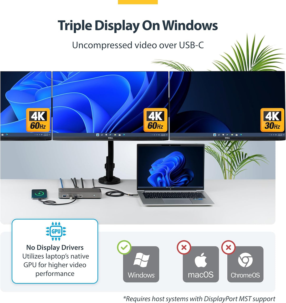 StarTech Triple-Monitor USB-C Docking Station, DisplayPort/HDMI, 4K 60Hz, 100W PD, 1GbE, Driverless, Multi-Monitor Dock