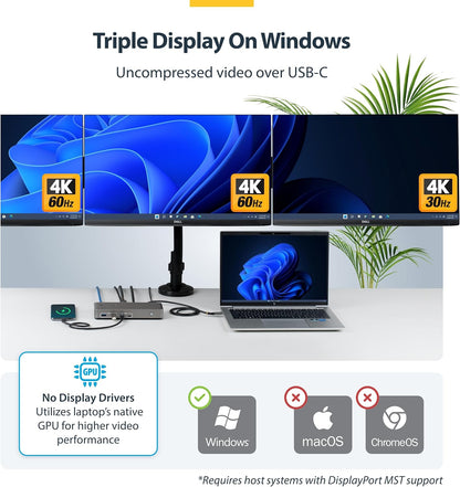 StarTech Triple-Monitor USB-C Docking Station, DisplayPort/HDMI, 4K 60Hz, 100W PD, 1GbE, Driverless, Multi-Monitor Dock