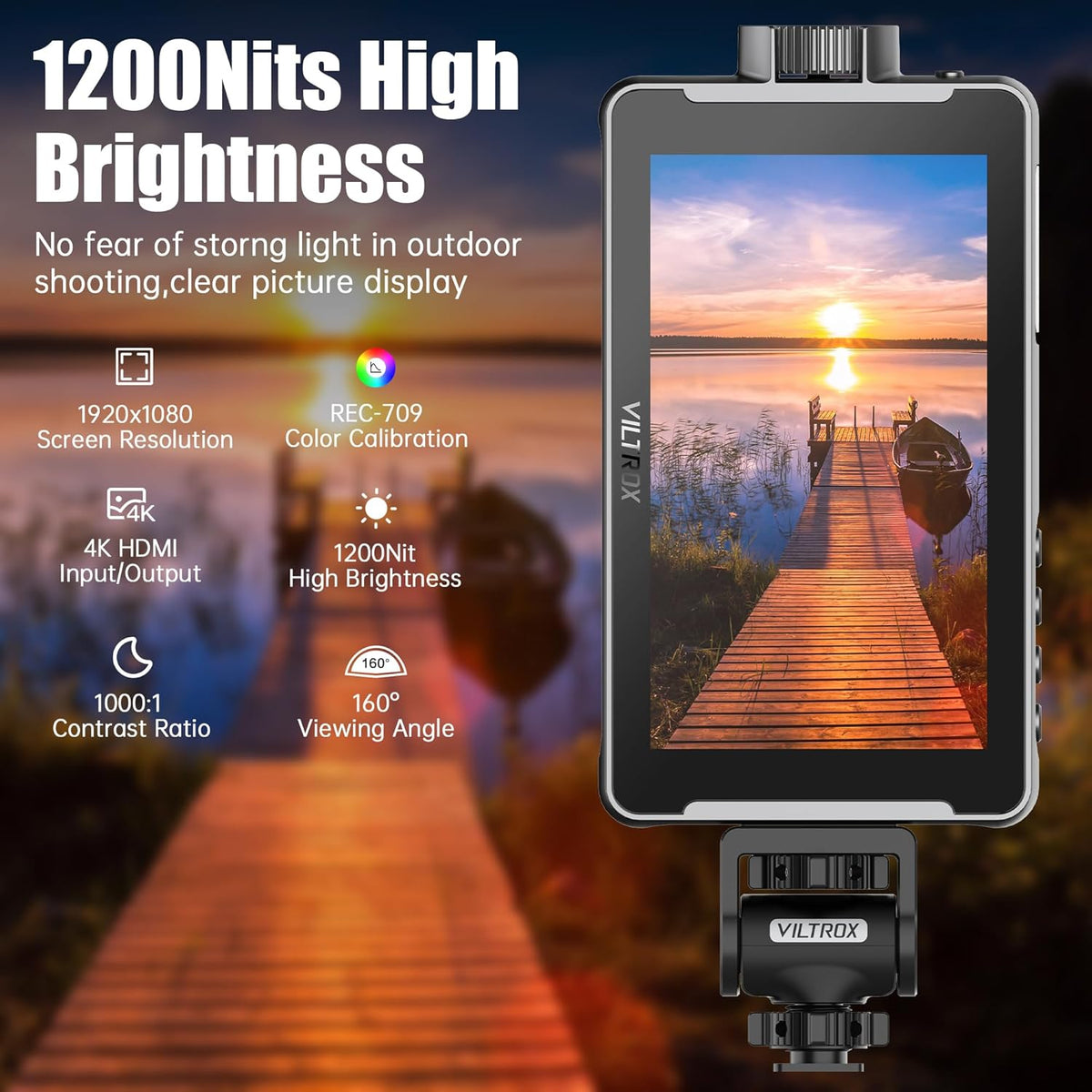 VILTROX DC-550 Pro 5,5 inch 1200 nits touchscreen DSLR camera veld monitor met accu zonneklep 3D Lut HDMI Peaking Focus Assist 1920x1080 4K HDMI ingang uitgang 5V type C ingang