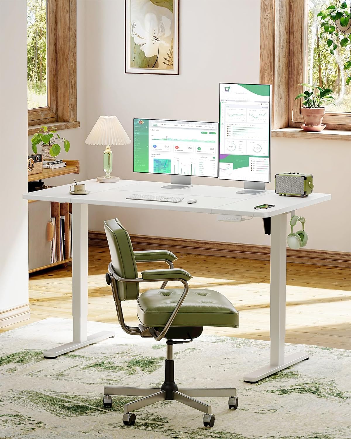 Marsail Elektrisch sta-bureau met USB-A-oplaadpoort, 160 x 80 cm in hoogte verstelbaar zit-sta bureau met 4 aangepaste hoogteinstellingen, 80 kg maximale belasting, stabiel tillen, opberghaken en