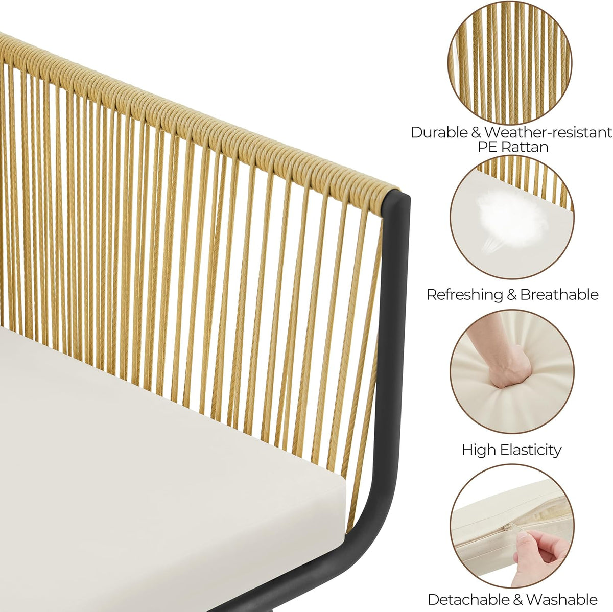 Yaheetech 3-Piece Rattan Balcony Set, Garden Furniture Set Including 2 Chairs with 6 cm Thick Seat and Back Cushion and 1 Table with 5 mm Thick Tempered Glass, Garden Seat Group for Outdoor Balcony, Light Brown/Cream White - QUORE