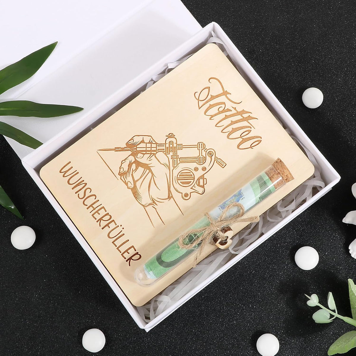 Tattoo cadeau van hout, tattoo, geldcadeau, verpakking met reageerbuisjes, grappig cadeau voor dames en heren, tattoo-liefhebbers, tatoeëerders