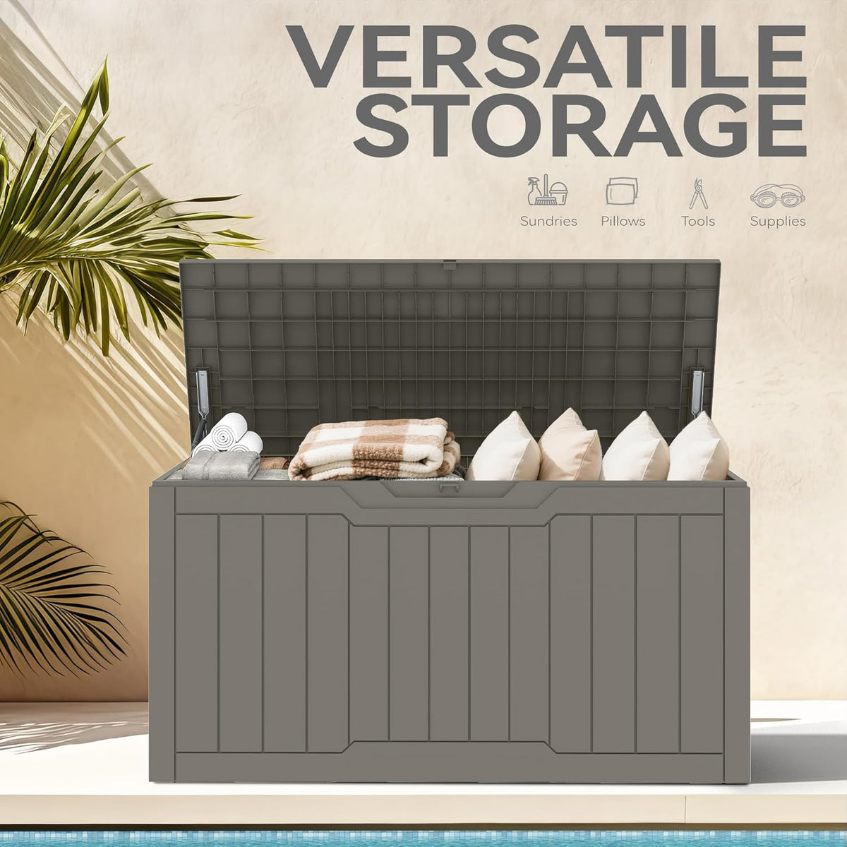 DWVO Outdoor Garden Opbergdoos|380L 115x55x58,3cm|Waterdicht||Veilig afsluitbaar|Zijdraaggrepen|All Weather Resistant|Patio Resin Deck Box voor kussens, apparatuur, schoen (Taupe)