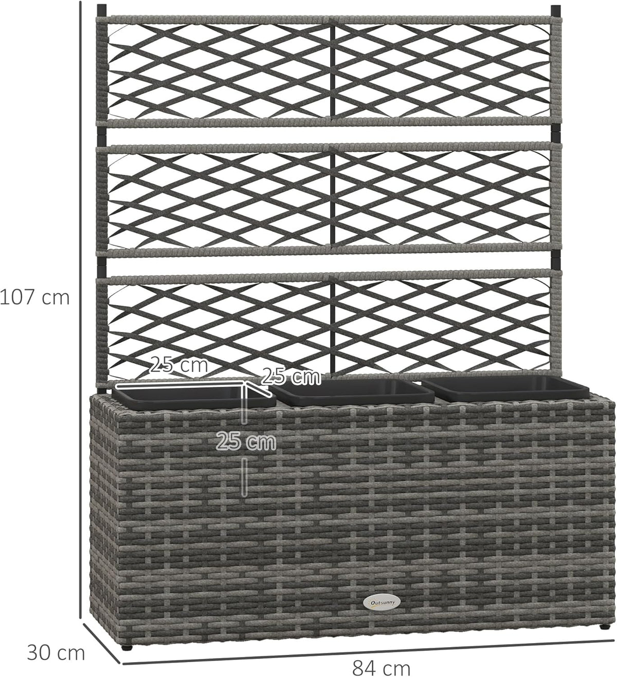 Outsunny 33L Garden PE Rattan Planter Trellis Freestanding Flower Raised Bed for Garden, Garden Planter for Climbing Planter, 84cm x 30cm x 107cm, Light Grey - QUORE