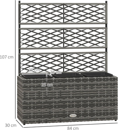 Outsunny 33L Garden PE Rattan Planter Trellis Freestanding Flower Raised Bed for Garden, Garden Planter for Climbing Planter, 84cm x 30cm x 107cm, Light Grey - QUORE
