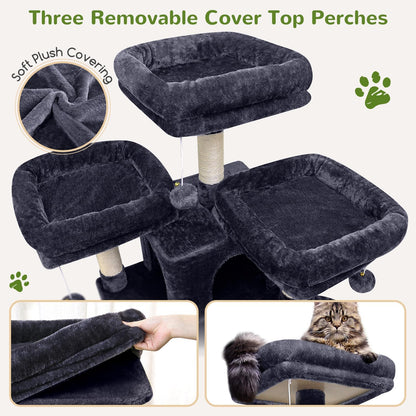 Kattenkrabpaal XXL – Krabmeubel – Kattenboom – Krabpaal – Speelmeubel – Extra Hoog 204 cm – Zachte Pluche Bekleding – 3 Afneembare Zitstokken – 2 Kattenhuisjes – Donkergrijs
