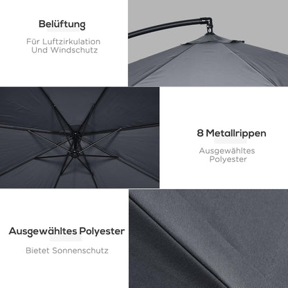 Outsunny Ampelschirm, 295 x 295 cm Sonnenschirm mit Handkurbel und Moskitonetz, 360° Drehbarer Gartenschirm für 8 Persons, Marktschirm für Balcony, Stahl, Polyester Dunkelgrau, Dunkelgrau - QUORE
