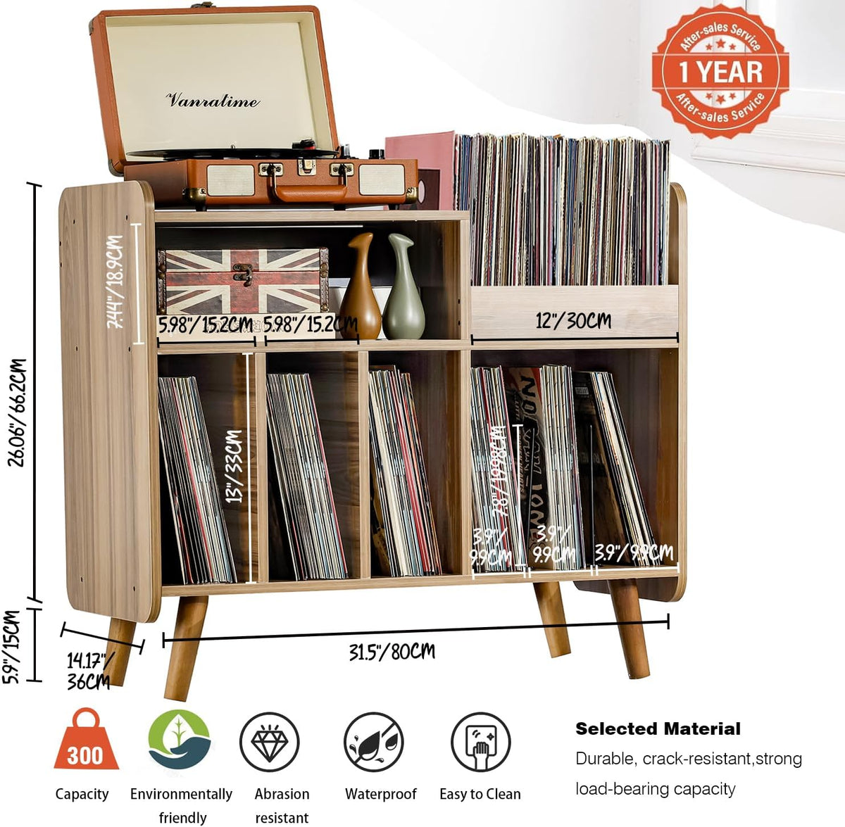 Record Player Stand, Large Turntable Cabinet with Open Vinyl Storage and Display Shelf for Up to 350 Albums, Mid-Century Wooden Turntable for Living Room, Bedroom