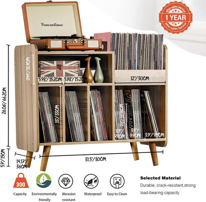 Record Player Stand, Large Turntable Cabinet with Open Vinyl Storage and Display Shelf for Up to 350 Albums, Mid-Century Wooden Turntable for Living Room, Bedroom