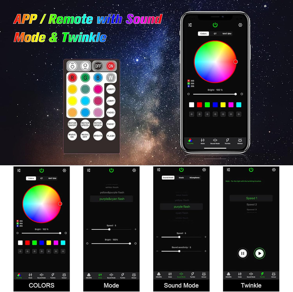 CHINLY Bluetooth 16 W RGBW Twinkle LED Fiber Optic Star plafondlampen kit app / afstandsbediening 300 stuks * (0,75 + 1,0 + 1,5 mm) * 3 m voor huis/auto