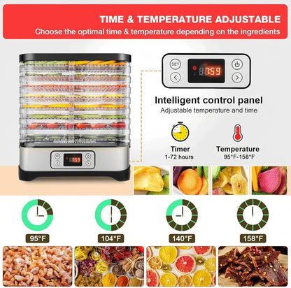 Nictemaw Droogautomaat van roestvrij staal, 400 W, dehydrator, dehydrator met 8 vakken, temperatuurregeling 35-70 °C, voor vlees, vruchten, groenten en noten