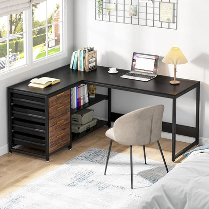 Tribesigns L-Shaped Computer Desk with Storage Drawers, 150cm Corner Desk with Shelves, Reversible L Shaped Office Desk Study Writing Desk Workstation for Home Office, Black