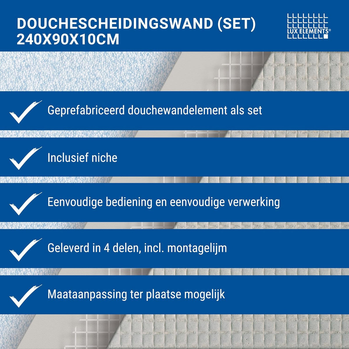 Douchescheiding – Douchewand – Douchepaneel – Scheidingswand – Douche-element – Inclusief Niche – 240 x 90 x 10 cm – 4-delig Met Montagelijm
