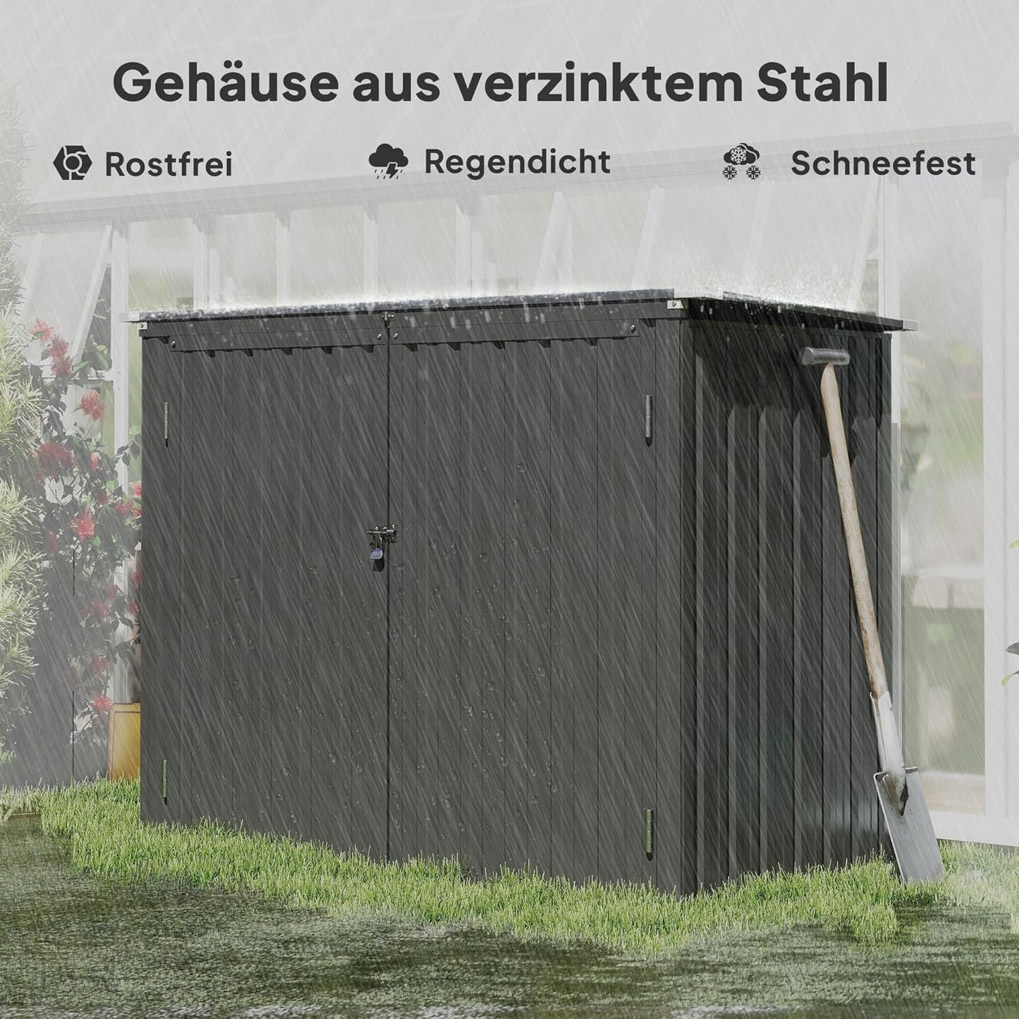 Outsunny afvalcontainerbox voor 2 containers met slot en openklapbaar deksel - Weerbestendig - Donkergrijs - Verzinkt staal - QUORE