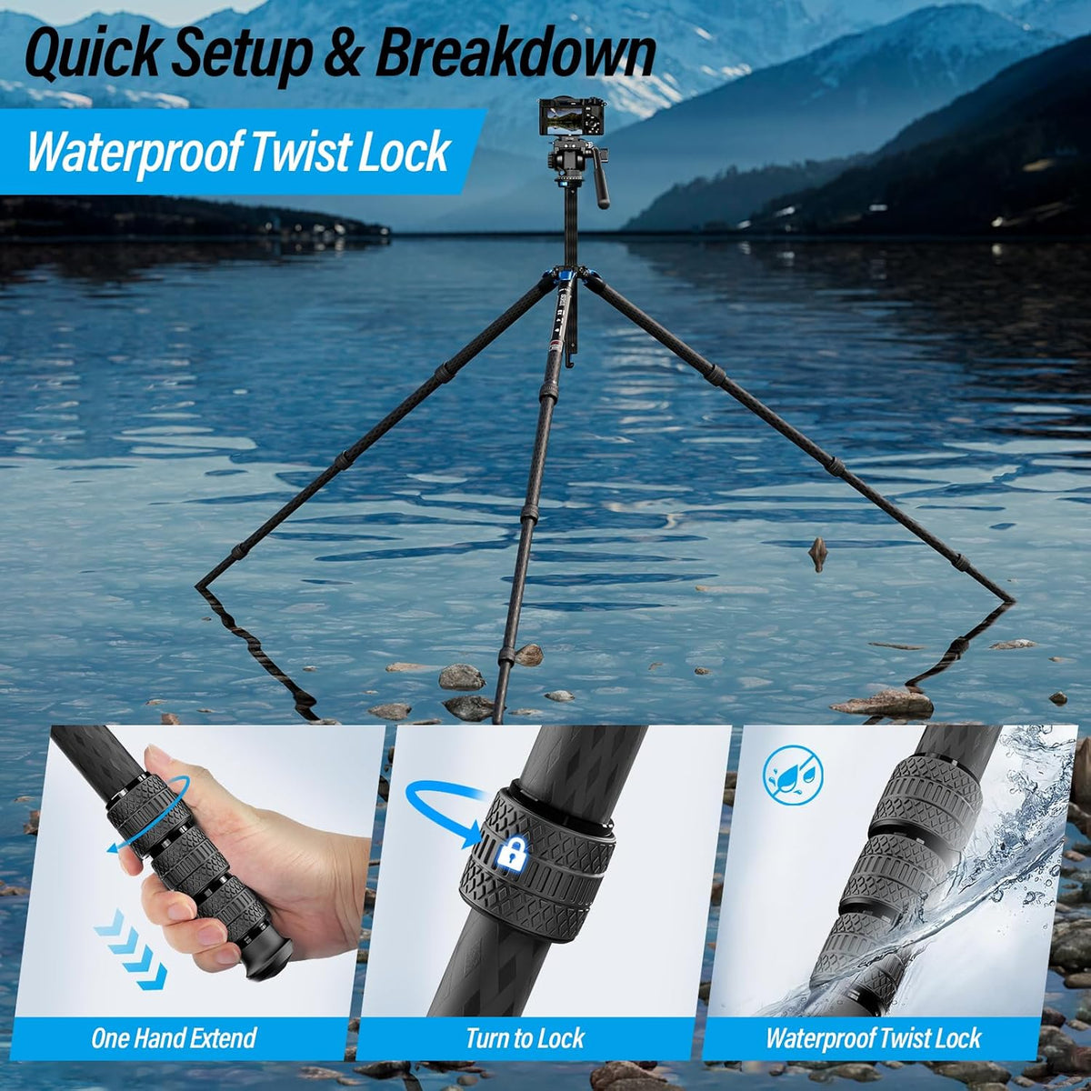 SIRUI AM-124 Koolstofvezel statief met AM-5VX vloeistofkop, 65 inch compact videocamerastatief voor reizen, driehoekige middenkolom, zijlader QR-plaat, waterdicht draaislot, belastingen 3 kg